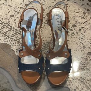 Guess  heel denim brown leather shoes. size 9